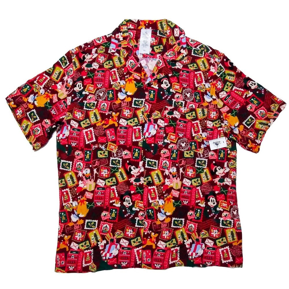 DISNEY PARKS Christmas Hawaiian Shirt Mickey Friends Red Medium M ~ New